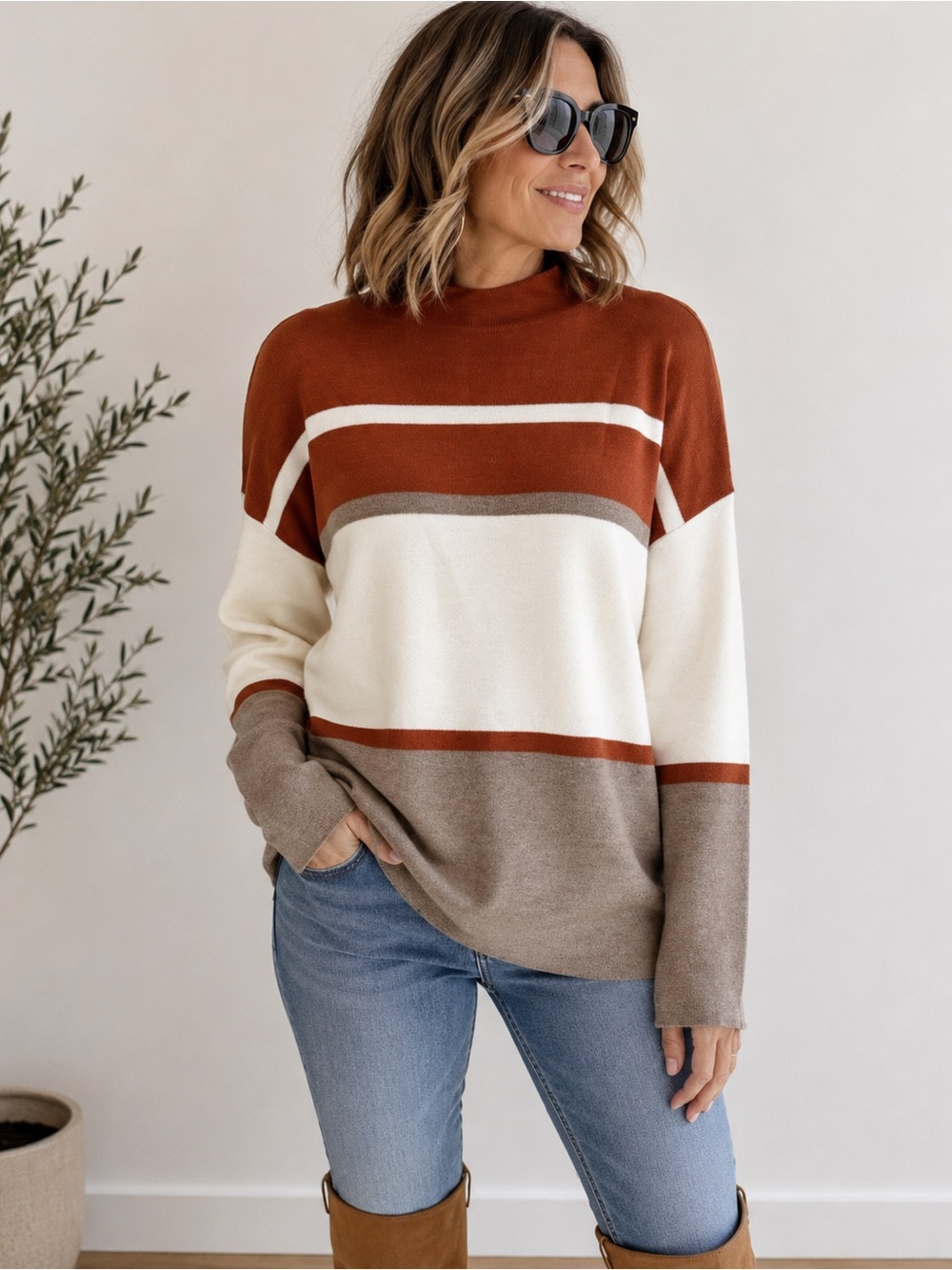 CYNTHIA ROWLEY Colorblock Mock Neck Sweater XL Rust Cream Taupe NWT